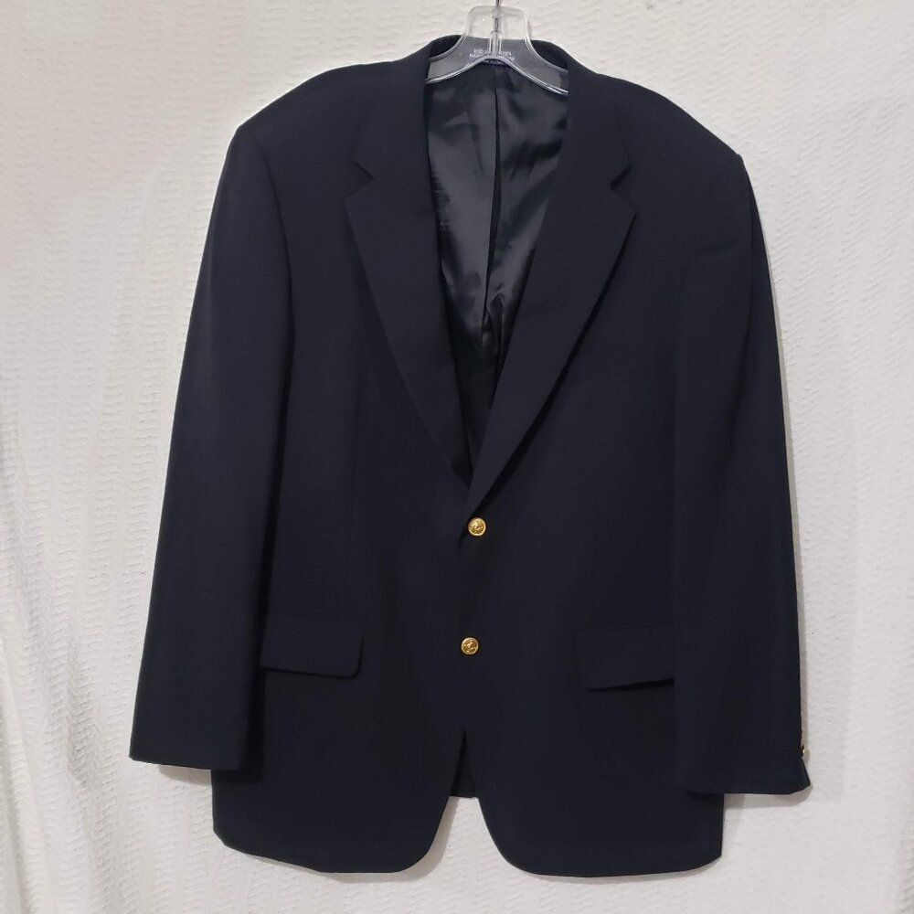 Alan Flusser Navy Blue Sport 100% Virgin Wool Blazer Jacket Gold Buttons 44R